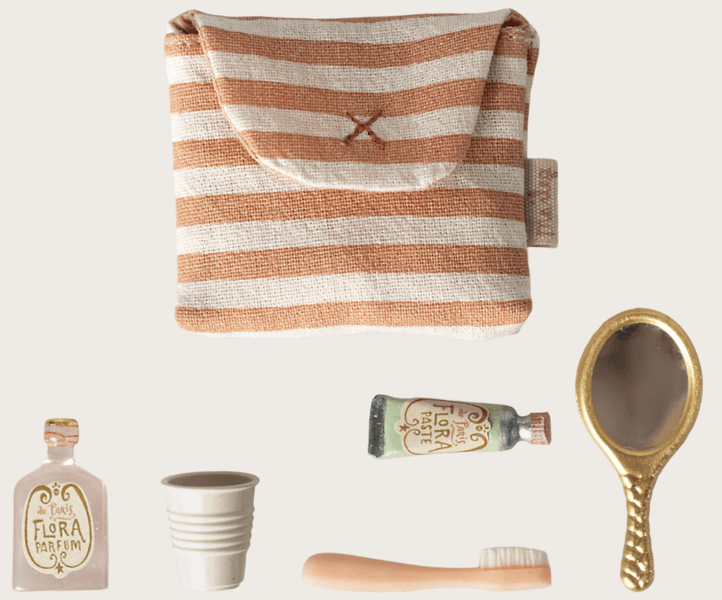 Maileg Toothbrush set in bag Mouse Coral stripe